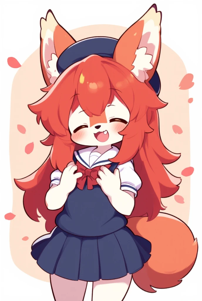 1girl, (furry girl, anthro fox1.5), cute flat 2d anime illustration,, fox ears, fox tail, animal nose, long hair, closed eyes, open mouth, red hair, blush, sailor collar, very long hair, :d, collarbone, hat, skirt, school uniform, short sleeves, beret, puffy sleeves, shirt, puffy short sleeves, vest, pleated skirt, bowtie, petals, bow, solo, white background, simple background, cowboy shot, dutch angle, blue skirt, white headwear, red bow, white sailor collar, smile, blue vest, white shirt, hands on own chest, red bowtie,