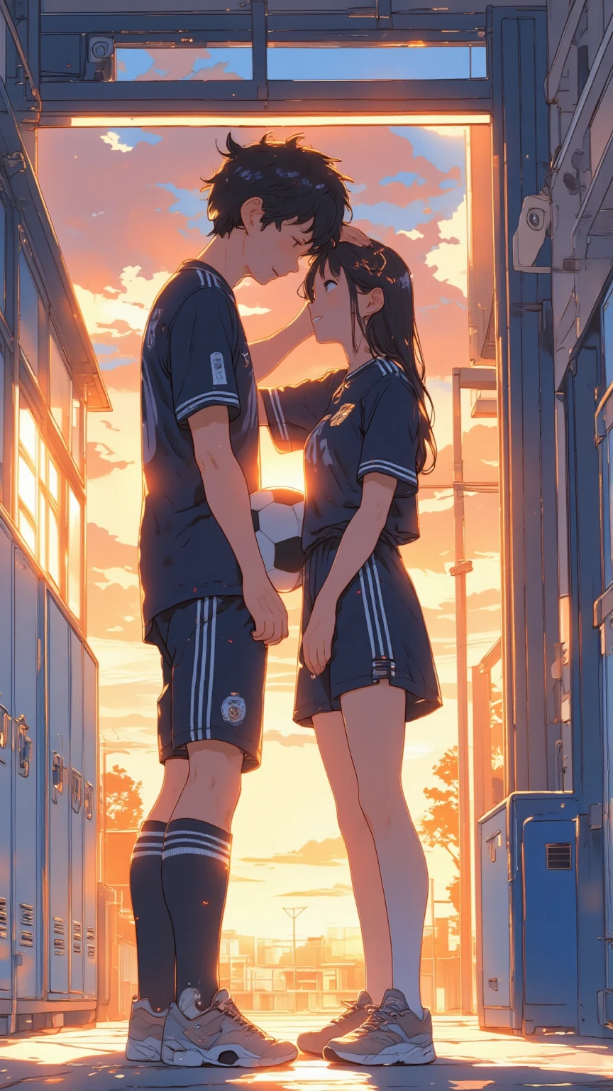  （masterpiece、 High Quality 、 high image quality、4K、8k、 Details、 anime style）、A heartwarming scene of a high school couple in a school hallway during sunset, the boy is wearing a soccer uniform, holding a soccer ball in one hand and gently patting the girl's head with the other. The girl, wearing a classic Japanese high school uniform, is blushing and smiling shyly at him. The hallway is illuminated by the warm orange light of the setting sun streaming through large windows. The background features school lockers and classroom doors, creating a nostalgic and youthful atmosphere. Soft shadows and highlights emphasize the romantic and tender moment. Highly detailed, anime-style illustration with warm tones and a focus on their emotions. Highly detailed, anime-style illustration、Soft and warm tones