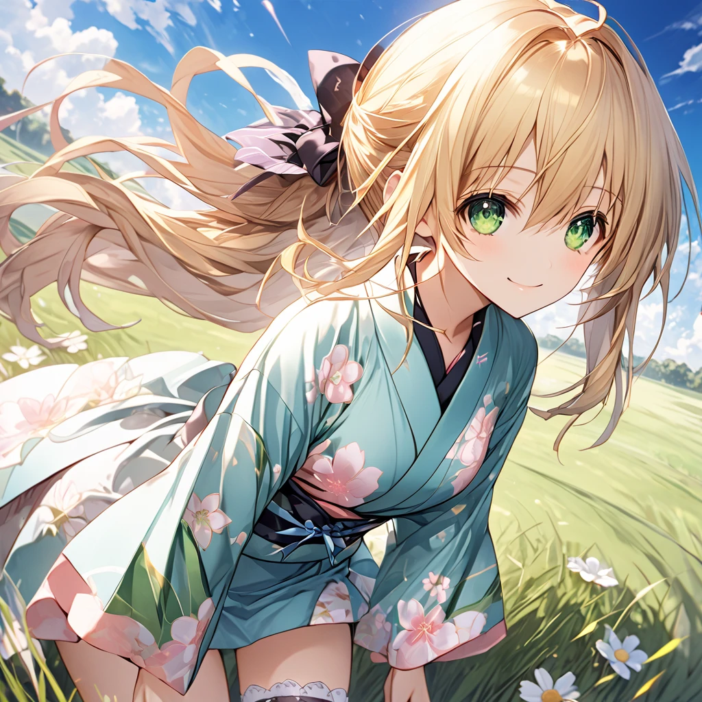 ( 1 girl),Green \(Neptunia )\, blonde hair, green eyes, long hair, (low ponytail:1.5), sidelocks,smile, white and pink floral mini yukata、(bridal garter:1.５),grassland、blue sky、 dynamic angle 、( perfect anatomy ),( best quality), ( ultra hi-res), (超 high definition ), ( Highly Detailed CG), (32K), (masterpiece)、eyesHD