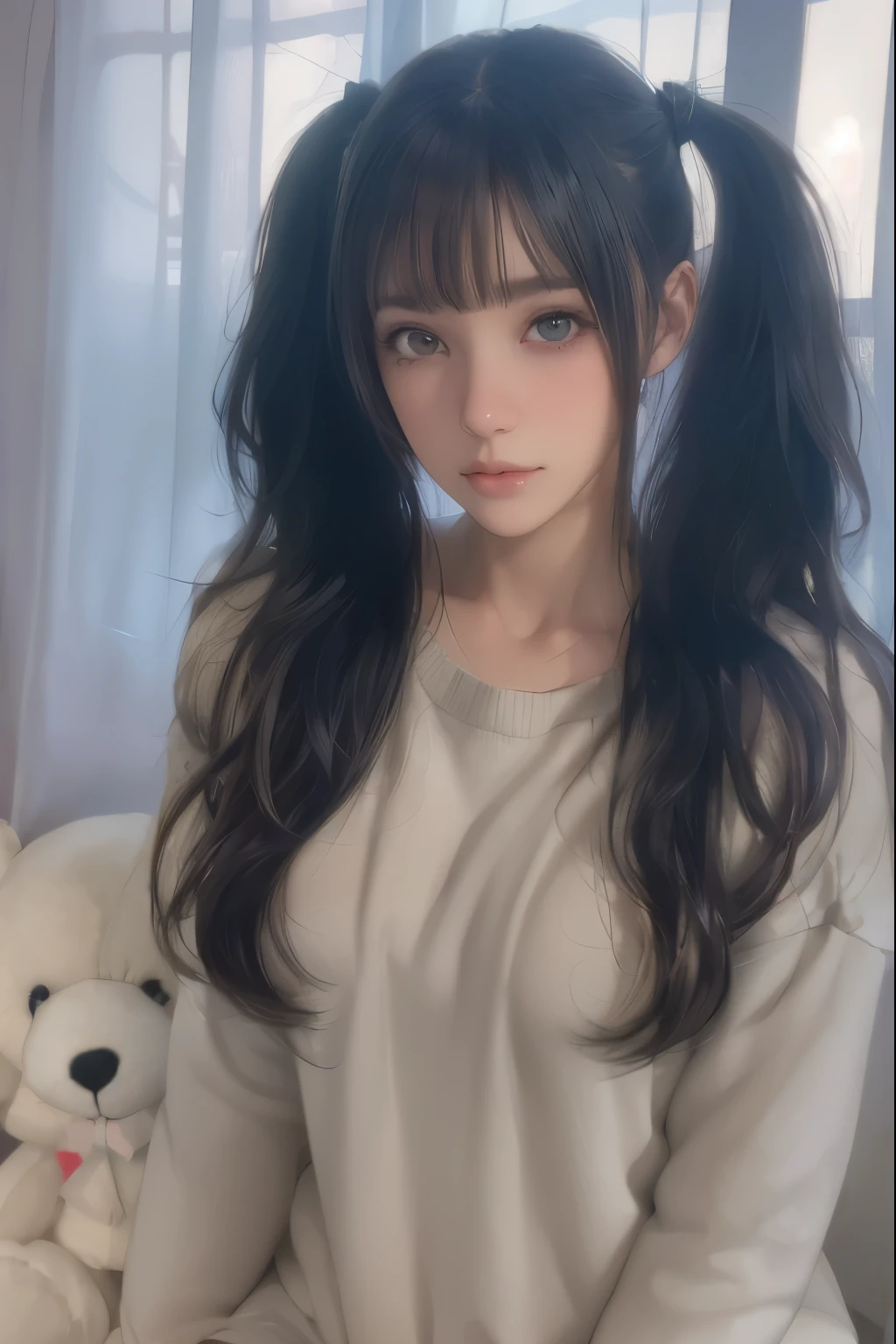 (masterpiece:1.2),best quality,high resolution,unity 8k wallpaper,(illustration:1),beautiful detailed eyes:,extremely detailed face,perfect lighting,photo_\(medium\),photorealistic,realistic,
1girl, solo, black hair, thighhighs, stuffed toy, twintails, stuffed animal, long hair, realistic, white thighhighs, sweater, kneeling, curtains,