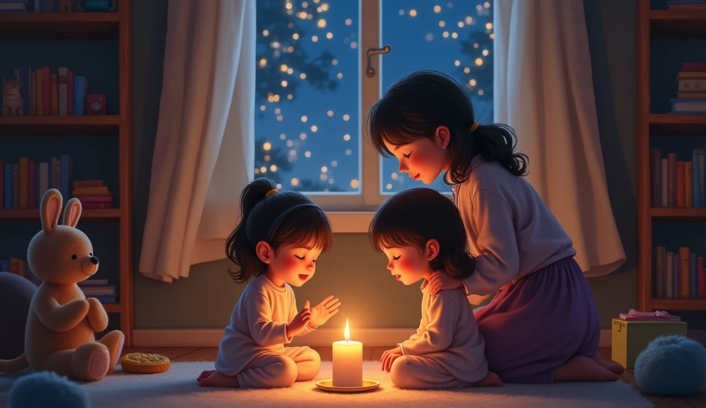 Make a picture of two girls playing dolls in their living room at night, one girl is and the other is .,