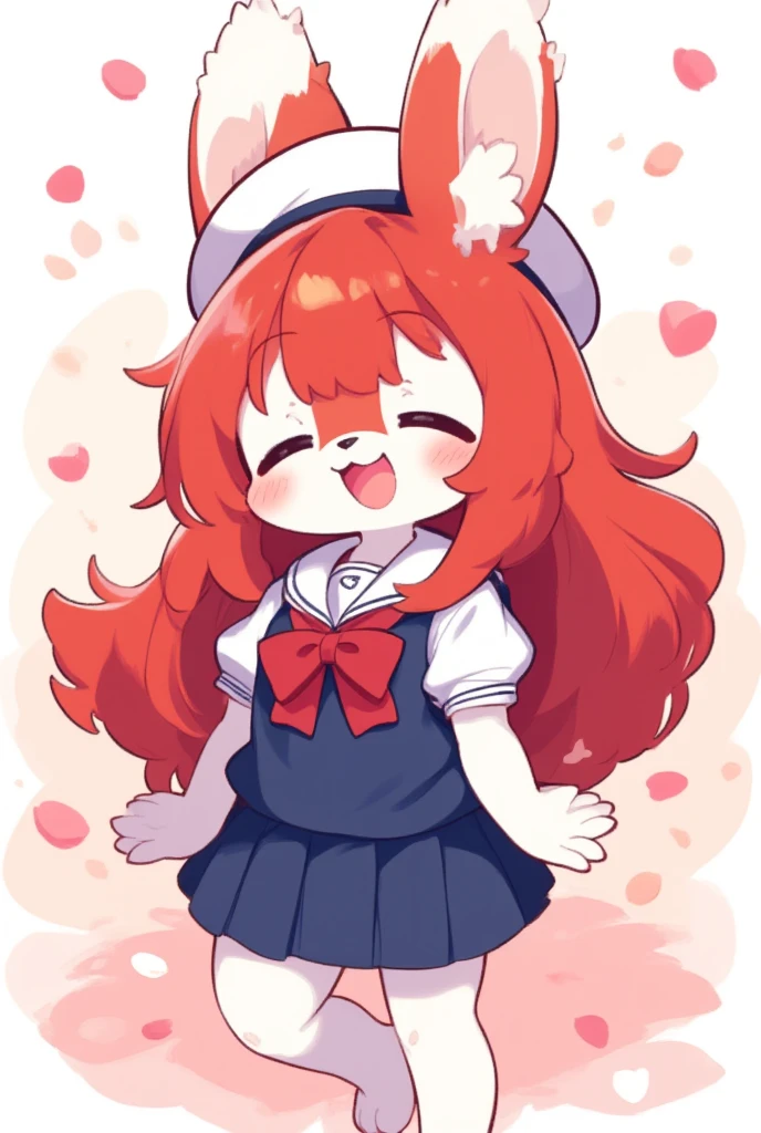 1girl, (furry girl, anthro rabbit:1.5), cute flat 2d anime illustration, rabbit ears, rabbit tail, animal nose, long hair, closed eyes, open mouth, red hair, blush, sailor collar, very long hair, :d, collarbone, hat, skirt, school uniform, short sleeves, beret, puffy sleeves, shirt, puffy short sleeves, vest, pleated skirt, bowtie, petals, bow, solo, white background, simple background, cowboy shot, dutch angle, blue skirt, white headwear, red bow, white sailor collar, smile, blue vest, white shirt, hands on own chest, red bowtie,