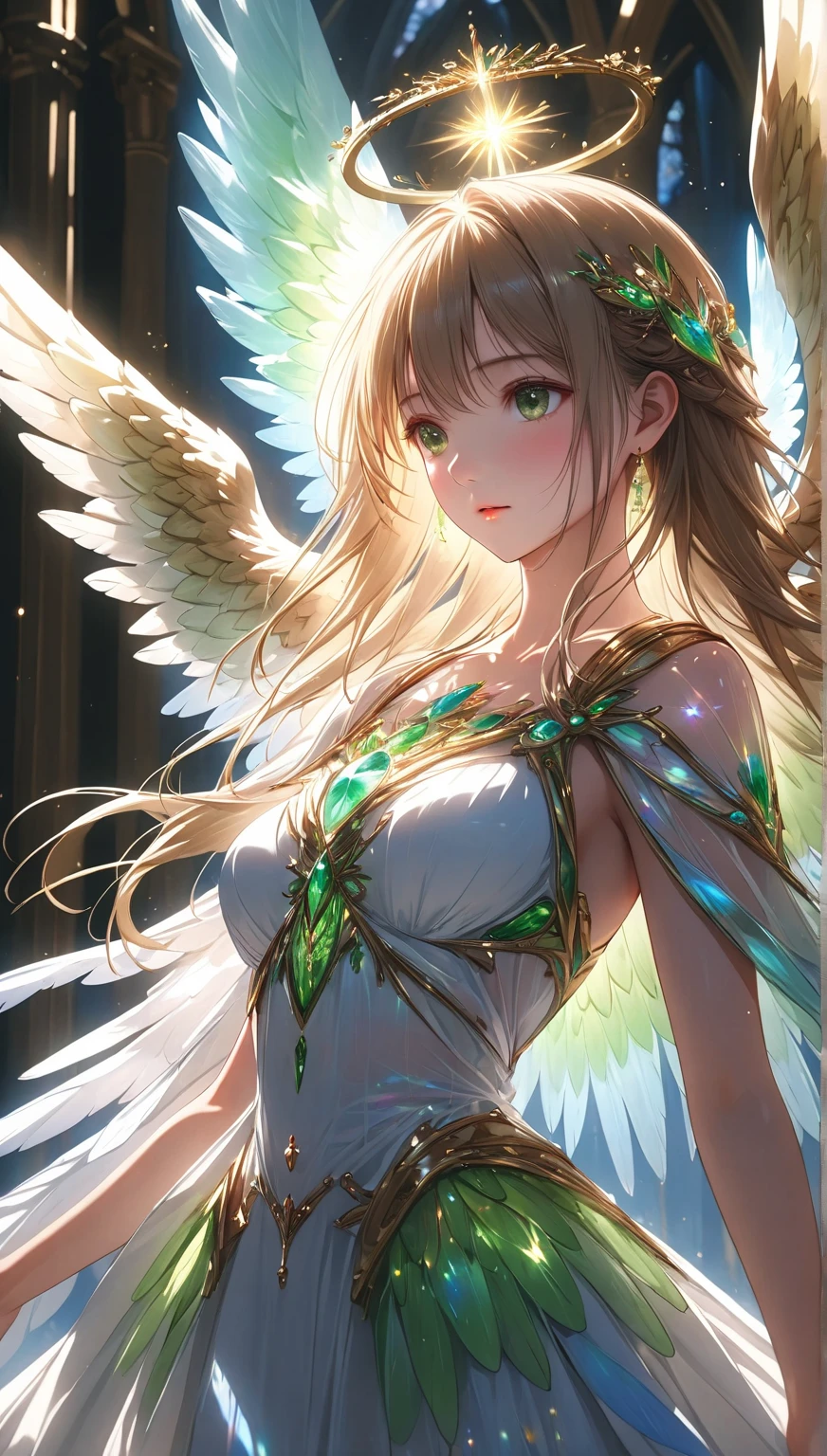  1 girl, Winged Angel, Shining Inner Light ,  beautiful, Sacred, Mysterious,  angelic, white,  Green Crystals , high performance,  A Fascinating and Brilliant World,  Cinematic Lighting ,  ray tracing, Hyper-detailed, Afterimage , masterpiece,  top quality,  ultra detail, 4K,  super high resolution , 8k