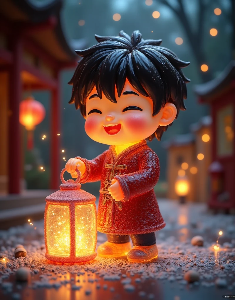 fireworks, 1boy, male focus, closed eyes, solo, open mouth, facial hair, smile, holding, mustache, blurry, long sleeves, standing, east asian architecture, chinese clothes, teeth, architecture, black hair, outdoors, hat, happy, ^_^, blurry background, lantern, chibi, full body, :d