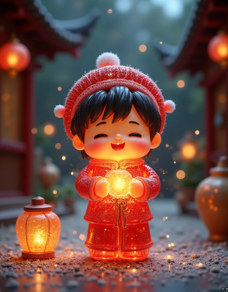 fireworks, 1boy, male focus, closed eyes, solo, open mouth, facial hair, smile, holding, mustache, blurry, long sleeves, standing, east asian architecture, chinese clothes, teeth, architecture, black hair, outdoors, hat, happy, ^_^, blurry background, lantern, chibi, full body, :d