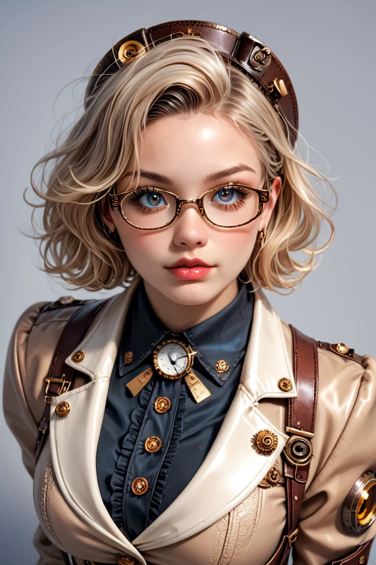  score_9,  score_8_above,  score_7_above,  score_6_above, Photo, realism, Photorealistic,  Steampunk industrial mechanical girl ,  perfectly detailed face , (has:0.8), glasses, very large breasts, beige leather bra with double breasted steampunk, pleated beige tweed thong , ( red leather tights with laces :0.8),  brass accessories with intricate details .  Masterpiece, illustrated,  highly detailed , industrial background,  retro-futuristic ,