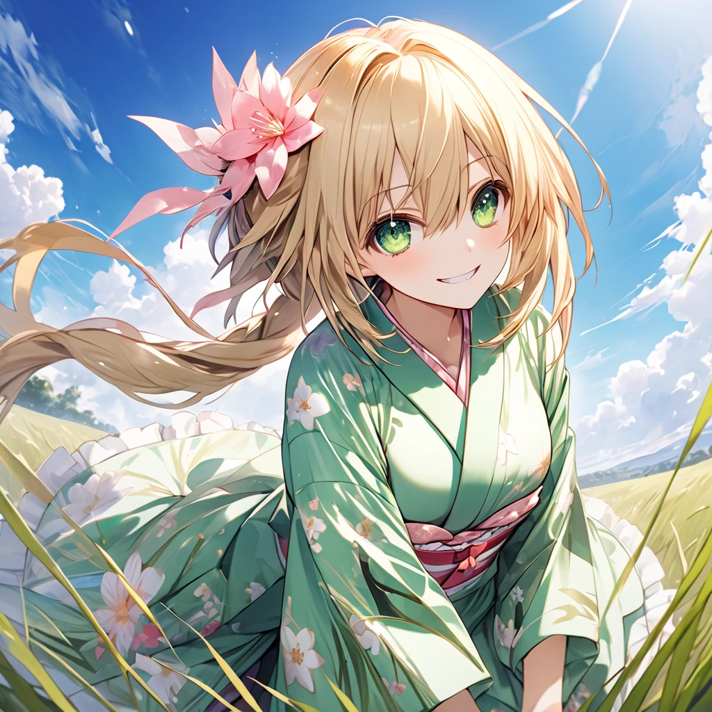 ( 1 girl),Green \(Neptunia )\, blonde hair, green eyes, long hair, (low ponytail:1.5), sidelocks,evil grin, white and pink floral mini yukata、(bridal garter:1.５),grassland、blue sky、 dynamic angle 、( perfect anatomy ),( best quality), ( ultra hi-res), (超 high definition ), ( Highly Detailed CG), (32K), (masterpiece)、eyesHD