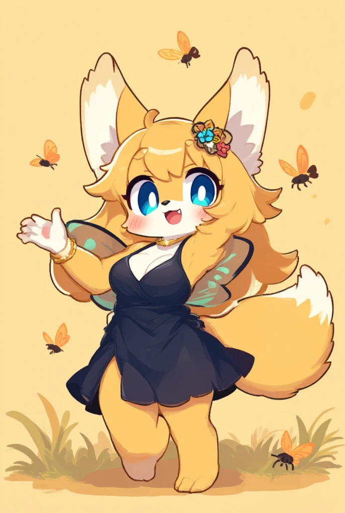 1girl, (furry girl, anthro fox1.5), cute flat 2d anime illustration,, fox ears, fox tail, animal nose, breasts, blonde hair, blue eyes, long hair, wings, cleavage, large breasts, armpits, bare shoulders, insect wings, butterfly wings, hair between eyes, dress, sleeveless, sleeveless dress, bracelet, hair ornament, black dress, side slit, looking at viewer, arms up, bug, butterfly, solo, bare arms, cowboy shot, yellow theme, smile, jewelry, closed mouth