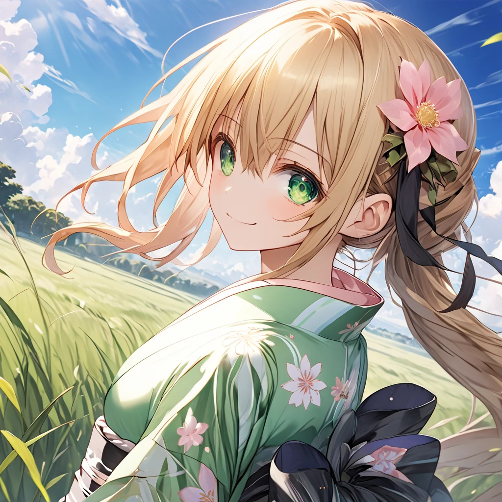 ( 1 girl),Green \(Neptunia )\, blonde hair, green eyes, long hair, (low ponytail:1.5), sidelocks,evil smug, white and pink floral mini yukata、(bridal garter:1.５),grassland、blue sky、 dynamic angle 、( perfect anatomy ),( best quality), ( ultra hi-res), (超 high definition ), ( Highly Detailed CG), (32K), (masterpiece)、eyesHD