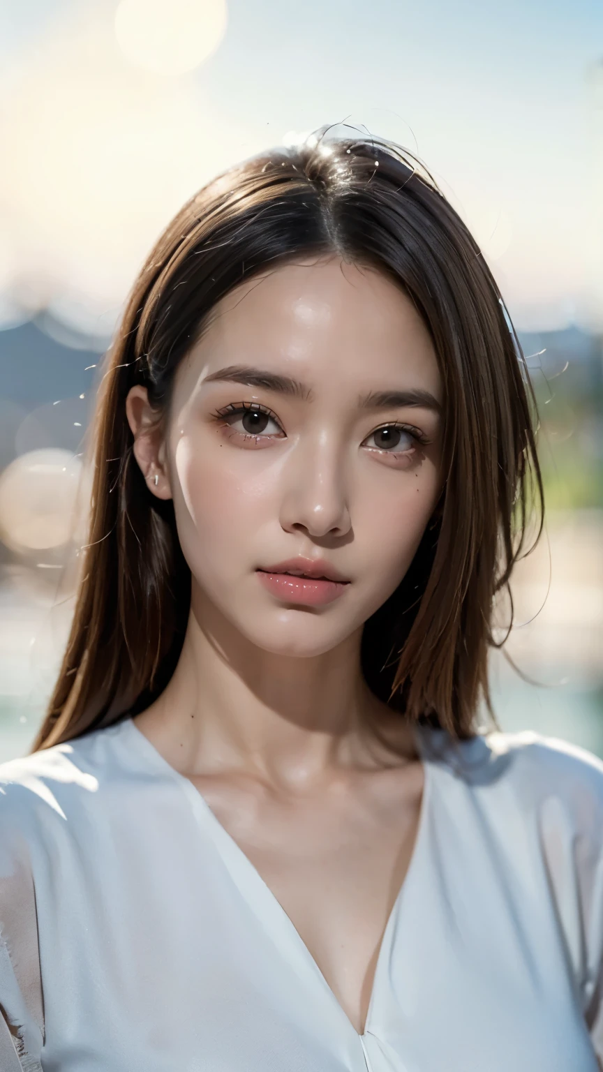 a beautiful young woman with insightful eyes, long flowing hair, porcelain white face, soft and shiny skin, wearing a futuristic neon light suit, 8K, high resolution, hyperdetailed, vibrant colors, dramatic lighting, photorealistic, concept art, (The background is clear sky:1.5),(((Blur the background:1.5))),(Gentle light:1.5),(Written boundary depth:1.5),break(((masterpiece:1.5),(highest quality:1.5),(Very detailed:1.5),(High resolution:1.5),(Realistic:1.5),(Realistic:1.5))),8k