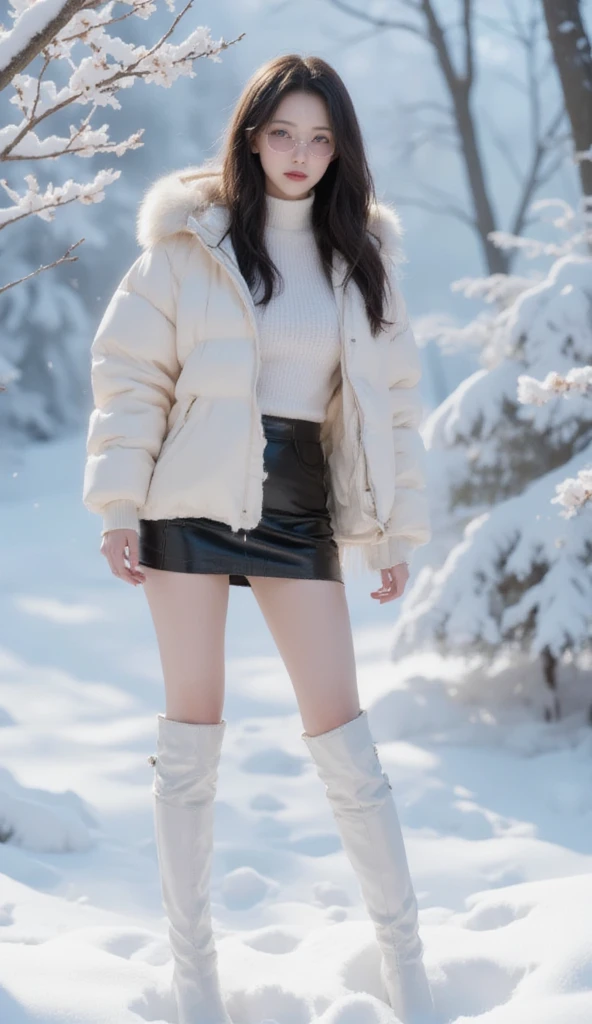 A slender woman with glasses is captured in a winter scene, wearing a down jacket and a mini skirt. She stands in the snow, her long boots leaving imprints on the fresh powder. The image emphasizes her delicate facial description and the intricate details of her attire, showcasing the high sensitivity and high definition of the masterpiece. The contrast between her warm, stylish outfit and the cold, serene snow creates a captivating visual narrative.