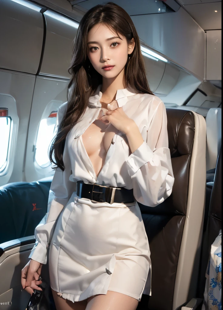 ((16K quality、highest quality、masterpiece、High resolutionであり、 Real photo))、 (Ultra-realistic、Photorealistic)、(Professional Quality、High resolution)、超High resolution、(((Long Shot、Full body portrait)))、(((Inside the plane:1.5))) 、(((Stewardess lifting her skirt up by herself:1.2)))、(Black Uniform、White silk scarf）、((Black blazer、Large collar、Black trim on collar and sleeves、White blouse、Black mini skirt))、((Black Stockings))、((High heels))、(((Roll up the hem of your skirt with both hands、Lift up your skirt with both hands to show your panties:1.5)))、(((blue eyes)))、((Showing her white see-through panties))、((White high leg panties))、((艶のあるセミロングのSilver Hair、Put one ear out))、(((Silver Hair:1.2)))、F cup breasts、choker、((Beautiful face))、(((Stargazing、Open your mouth)))、 (((Ecstatic facial expression、Drooping eyebrows and corners of the eyes)))、Embarrassing、Cute round face、Beautiful legs、(Big eyes、No makeup、Very beautiful and subtle makeup, Light makeup,)、(Cute Japanese girl in her 20s)、Perfect body、Perfect hands、Perfect Fingers、Detailed and beautiful thin lips、A clear, beautiful face and well-proportioned eyes、Highly detailed eyes and face、A neat nose、Thin eyebrows、(Perfect Eyes） Border Light、Realistic Light、 (Soft Light, High quality, Smooth and sharp, 10x pixelation, Beautiful eyeshadow), Cute round face, Plump thighs、Accentuate your thighs、Hairstyle with bangs、Slender body、slim、Light-reflecting skin、Model Body Type、Detailed fingers、Beautiful Eyes、Long eyelashes、８Head to Body、Low - Angle、The light reflected in your eyes、Smaller face、double eyelid、Big Eyes、Lip gloss、Looking away、Background blur、Movie lighting from the front、Light on face