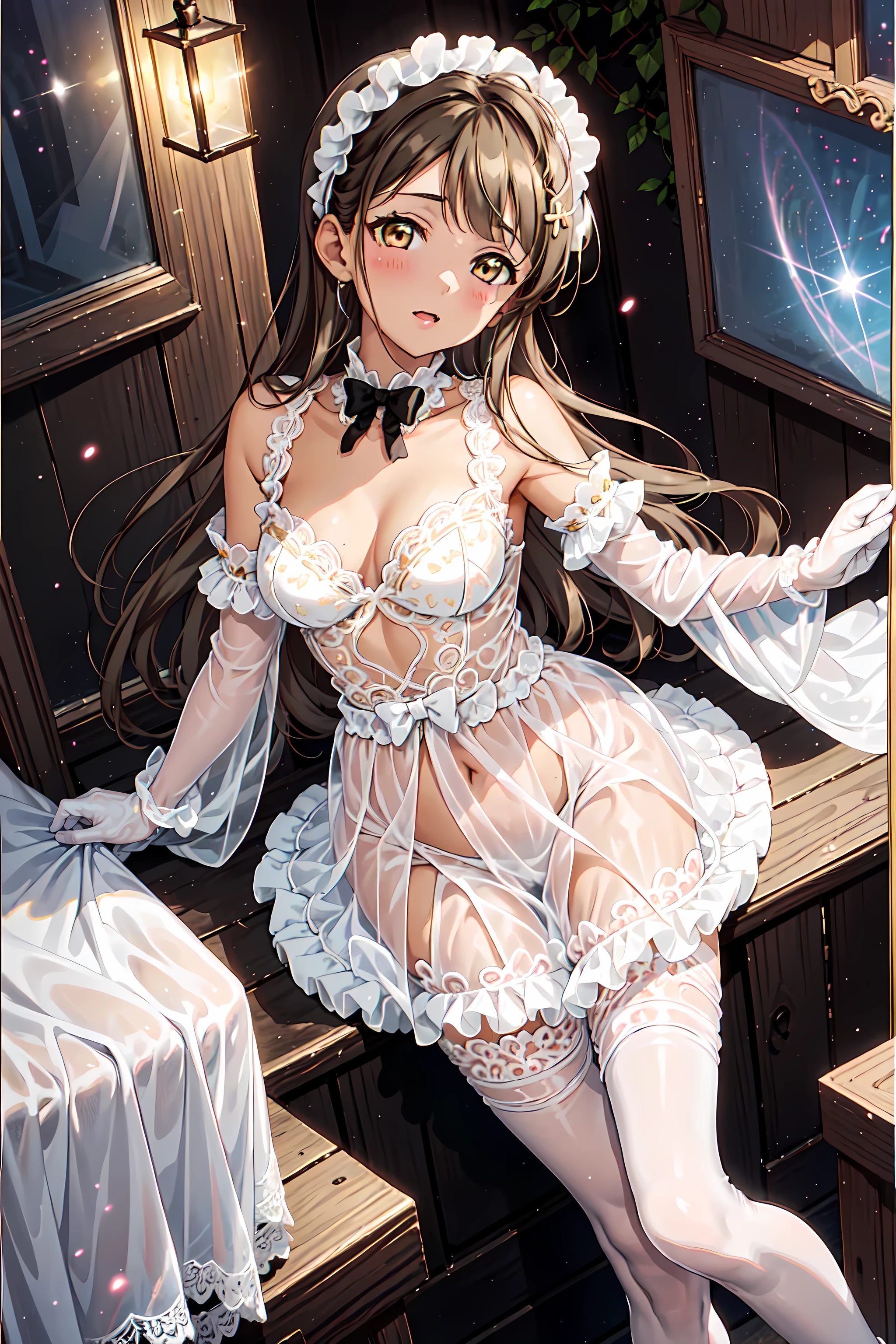 girl,, Have Fun ,in love,( girl in a white modern shirt and robe, Wear pantyhose :1.2),( black ruffle bow gloves),Lace,wrinkle,Bubble Skirt,Lovely Decor , brown hair,golden eyes, White Hair Divine Headwear ,transparent Lace, Exquisite Outfits, Unique ,European bedroom,(night:1.1), Detailed skin , special hairstyle