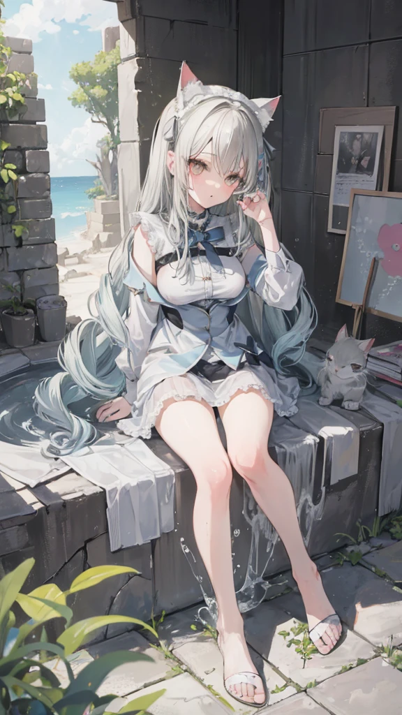 masterpiece, High quality anime illustration ,   super detailed ,  a girl ,  solo focus ,  Beautiful girl with silver hair cat ears, Anime Change, Cat-eared loli, Thigh focus, Good Buster,  Bathing in a desert oasis , Soaked