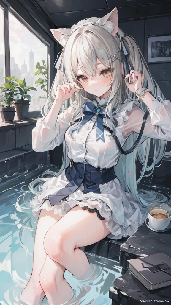 masterpiece, High quality anime illustration ,   super detailed ,  a girl ,  solo focus ,  Beautiful girl with silver hair cat ears, Anime Change, Cat-eared loli, Thigh focus, Good Buster,  Bathing in a desert oasis , Soaked