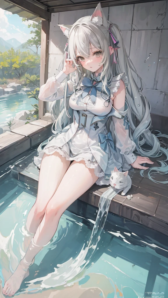 masterpiece, High quality anime illustration ,   super detailed ,  a girl ,  solo focus ,  Beautiful girl with silver hair cat ears, Anime Change, Cat-eared loli, Thigh focus, Good Buster,  Bathing in a desert oasis , Soaked