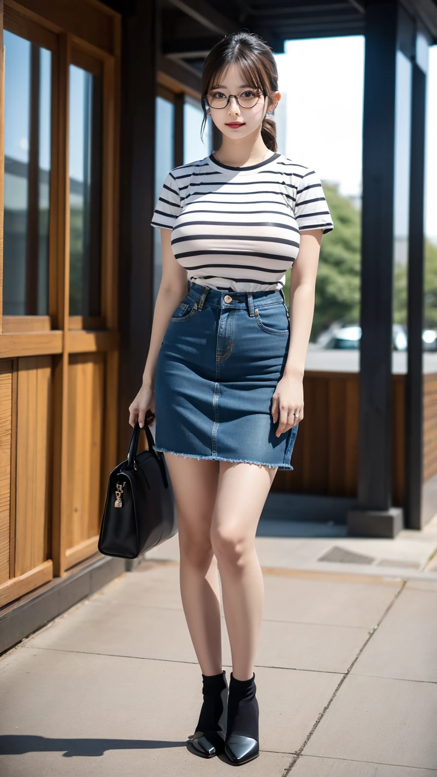 (masterpiece,  top quality:1.2),  1 girl, Alone, Rimmed glasses,  (Big Breasts), ( elegant round glasses :1.2)
, Thick-framed glasses ,  black and white stripes 3/4 length rib knit t-shirt 
, ((  full body photo ))
,  denim skirt,  ponytail