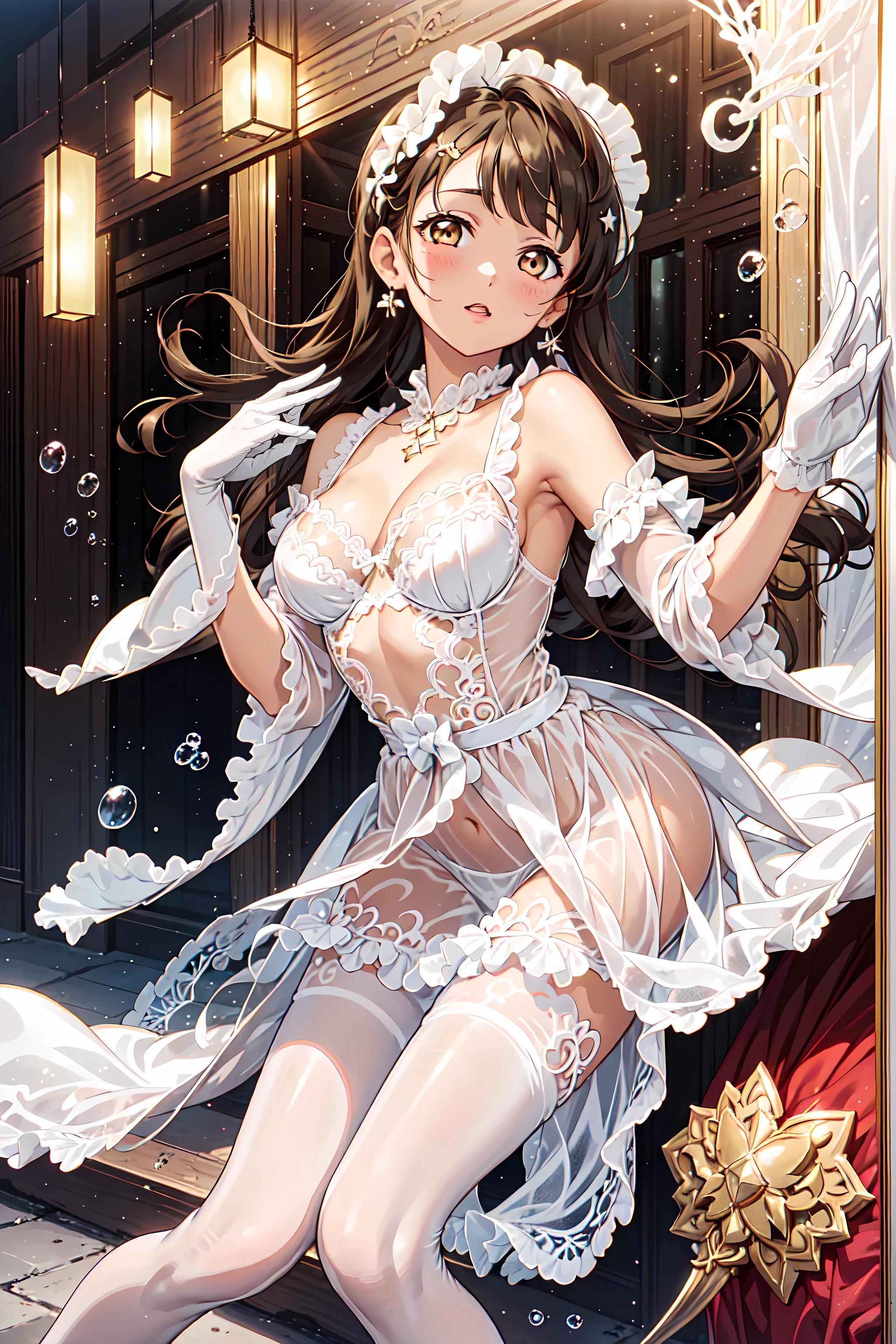 A seductive young woman with short twisted braids,(beautiful tits:1.7), wearing a transparent white short loose (see-through:1.7) cheongsam, braless,(without underwearing:1.7),and posing in various alluring positions on a circular bed, with a smirk on her face. She is not wearing any undergarments, revealing her body in its entirety. The scene is set in a luxurious bedroom, complete with silk sheets, velvet curtains, and a large crystal chandelier. The mood is sensual and provocative, yet playful, with a hint of mischief in the woman's expression. The warm, soft lighting from the chandelier casts a golden glow on the room, creating a dreamy and intimate atmosphere