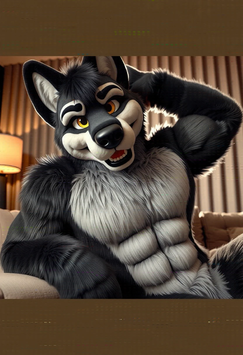 close-up portrait of Daniel (Terabruno), a 22-year-old muscular male wolf anthropomorphic fursuit character, with rich black fur and vivid yellow eyes. He is sitting confidently on a cozy sofa, looking directly at the viewer with a seductive yet approachable smile that radiates charm. His muscular physique is well-defined and showcased in a relaxed but striking posture. The fursuit fur is intricately detailed, with soft textures adding realism to his appearance. His captivating yellow eyes reflect a sense of allure, while his expression exudes both playfulness and confidence. The background is a comfortable, modern living room setting with warm lighting, making the scene feel inviting and intimate. The artwork is hyper-realistic, with high-definition detailing that emphasizes the character's physical features, giving it a polished, high-quality look. Hard penis, veiny penis 