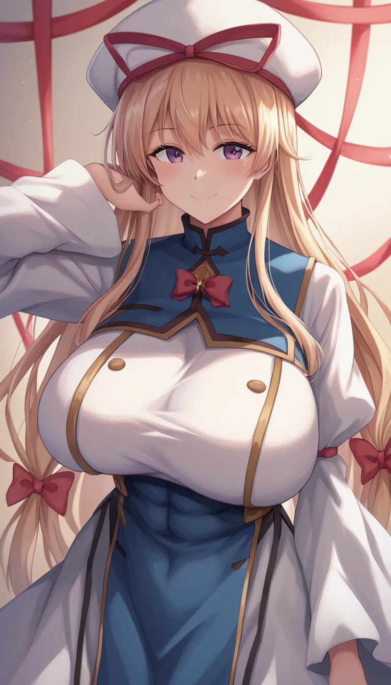  top quality, masterpiece,  high definition , Alone, {yakumo_Connection_East:1.15},  blondes_hair, ribbon, hin, length_hair, pain_ cap, hin_ribbon, red_ribbon, smile, white_ headwear , 前hair, bow, chest,  Purple _eye, hair_Betweens _eye, hair_bow, Tabard,  upper_body, big_chest, very_length_hair,  1 girl,  dress,  on AM_in_viewer, Simple_background, white_background, white_ dress, length_sleeve , red_bow,  side lock , , closure_mouth, gap_\(East\), ふくらんinいる_sleeve 、  zzz c up  , 爆発的なchest,特大の Big Breasts,Big Breasts, Big Breasts,超Big Breasts, supermilk ,big Breasts,big Breasts,Big Breasts,Big big breasts,bigger breasts,big,セクシーな大きなシリコンの Big Breasts,セクシーなビッグサイズのシリコン製Big Breasts,  saggy breasts during pregnancy,((垂れ下がった Big Breasts)),((重く垂れた Big Breasts:1.８))、猥褻な身body,Fat ,, エロマンガスタイルのbody、  mature adult-like body steam、 Ser's Huge  、 Ser's Huge  、  s up er exaggerated  、 extra large、 over covered ,  Hidden Breast Erection  、  abs
