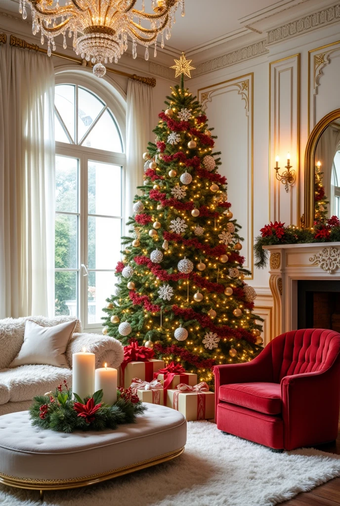 Prompt:
A grand luxury living room with an opulent ambiance, featuring a predominantly white, gold, and red color palette. The centerpiece of the room is an exquisitely decorated Christmas tree adorned with golden and red ornaments, shimmering fairy lights, and an elegant golden star at the top. Surrounding the tree are wrapped luxury gift boxes in coordinating colors, tied with satin bows. The walls are a pristine white, accented with intricate golden moldings and trims, exuding sophistication.
The furniture includes a plush, furry white sofa with gold-accented legs, adorned with red and gold throw pillows embroidered with festive patterns. A matching luxury furry mattress sits on the floor, surrounded by faux fur rugs in shades of white and cream, adding warmth and coziness. A crystal chandelier with golden accents hangs from the ceiling, casting a soft glow across the room.
Golden and red garlands with twinkling lights drape over a white marble fireplace, which features golden candlesticks, a red and gold wreath, and a roaring fire. Luxurious white and red stockings hang from the mantel, embroidered with golden threads and embellished with sequins.
The coffee table is a sleek, gold-trimmed glass piece, showcasing a centerpiece of white candles, red berries, and golden baubles. Surrounding the space are tall golden vases filled with white and red poinsettias, as well as smaller arrangements of holly and mistletoe.
A lavish red velvet armchair with golden detailing is placed by the fireplace, complemented by a white faux fur throw draped over it. Floor-to-ceiling windows are dressed in white sheer curtains layered with gold-trimmed red velvet drapes, allowing soft natural light to illuminate the room.

Additional decorations include golden reindeer figurines, a luxurious red and gold nutcracker, and delicate snowflake ornaments hanging from the windows. A golden mirror with intricate detailing reflects the festive glow, while the floors are polished hardwood, 