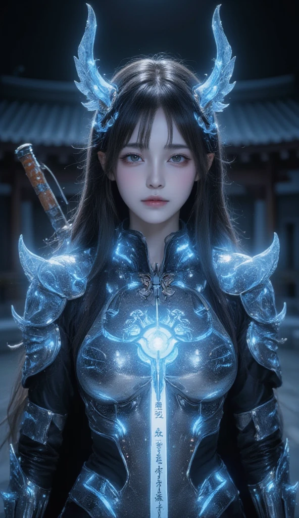 (masterpiece, Top quality, best quality, Official Art, beautiful and aesthetic:1.2), 1 Girl, extreme detailed, Rea, Light blue long hair, Emo, blue Eye, (Abstract, Fractal Art:1.3), highest detailed, detailed_Eye, Light_particle, Hanfu, Jewelry, Sexy, 蓝色Light芒, Large Breasts, Slim waist, Upper Body,Mizuki_Forest, Bangs,Braids