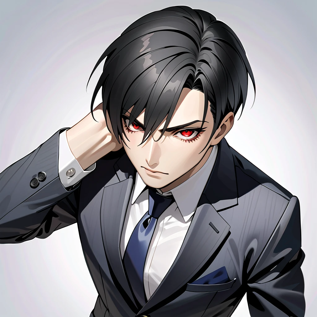    black hair,   1 person　Age 35　 sharp eye, Lewd Eyes, male　  red eyes　 short hair　  business suit　whole body