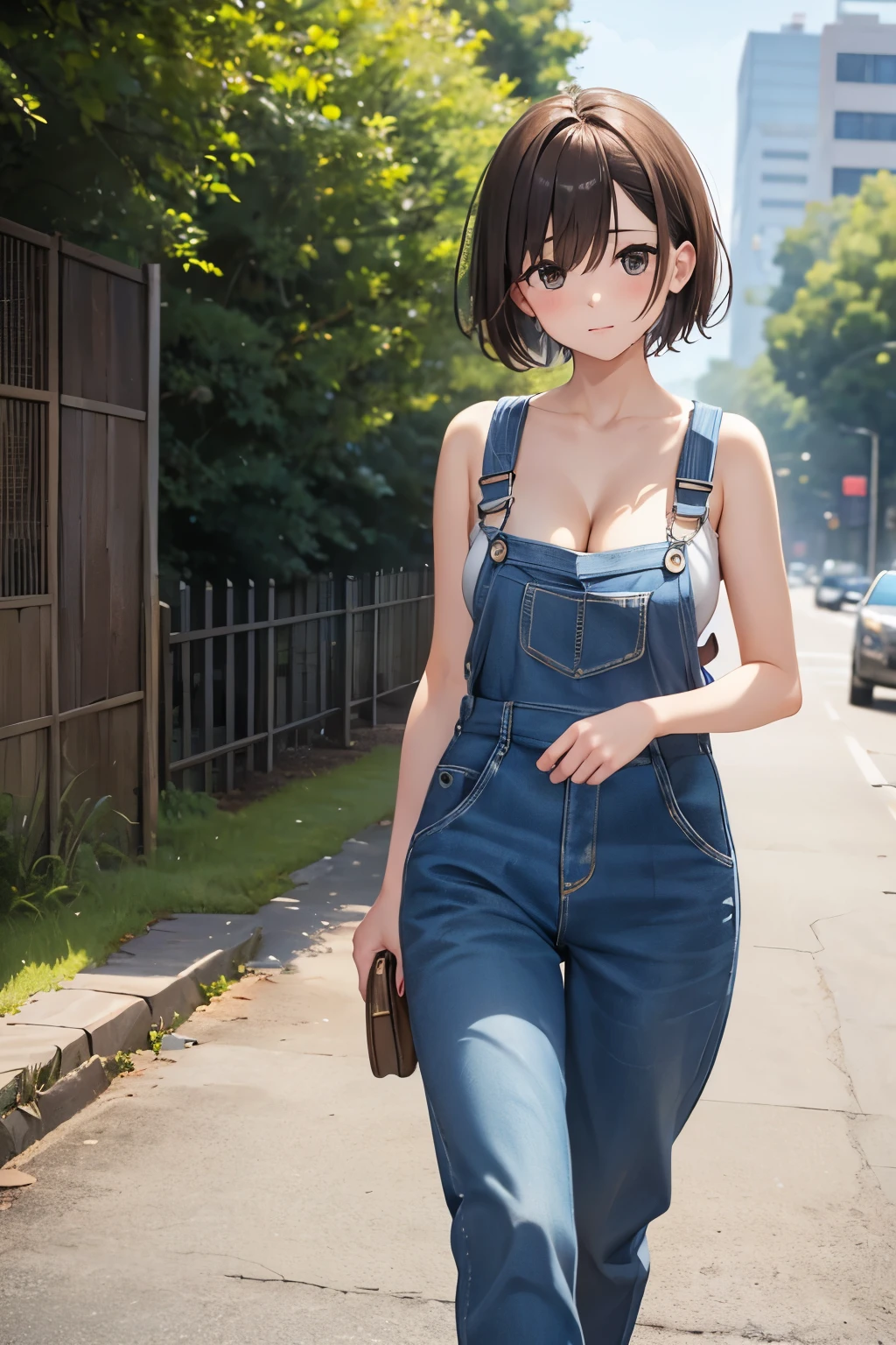 masterpiece, best_quality, 1girl, solo, naked overalls, bare shoulders, ash brown hair, medium breasts, spherical, on a ferris wheel