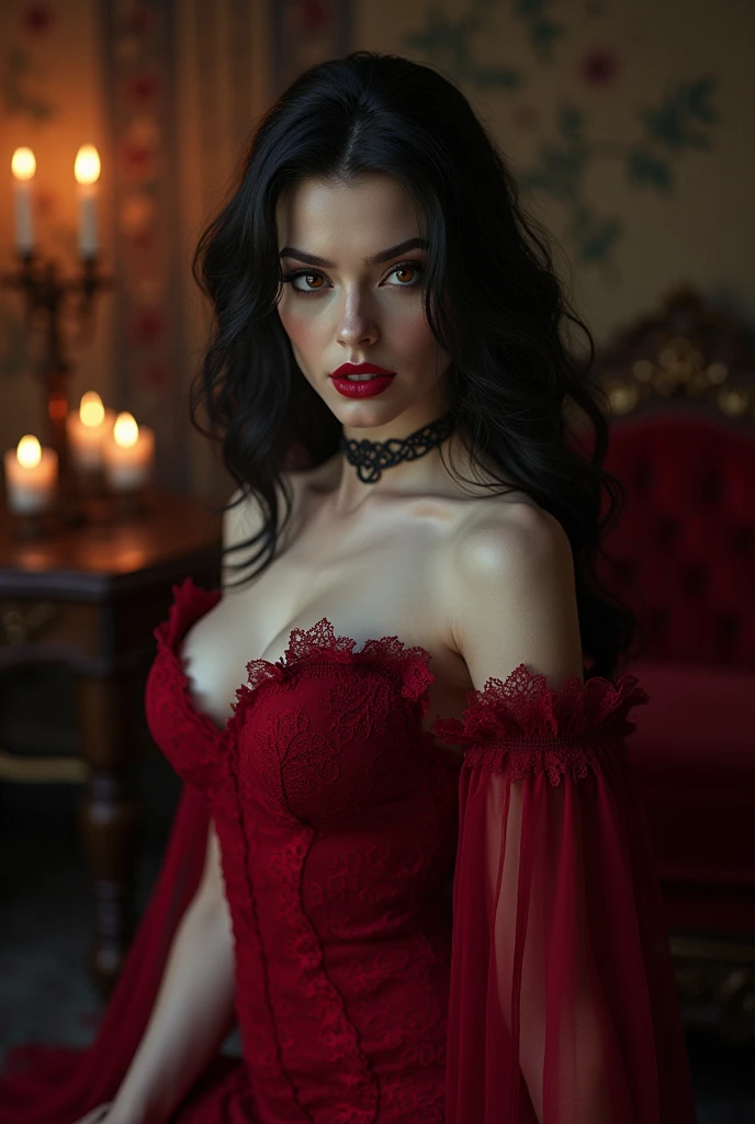 beautiful female vampire, Beautiful female vampire queen, a vampire woman, Vampire Lady Beautiful vampire queen, a woman vampire, Big breasts, curvy body, extremely pale skin, red lipstick, cleavage, crazy details, nighttime, candle light, gothic castle, gothic dark red dress, delicate fabric, (lace dress), revealing dress, seductive eyes, intricate, (masterpiece), 8k uhd, blood, fantasy style, mysterious