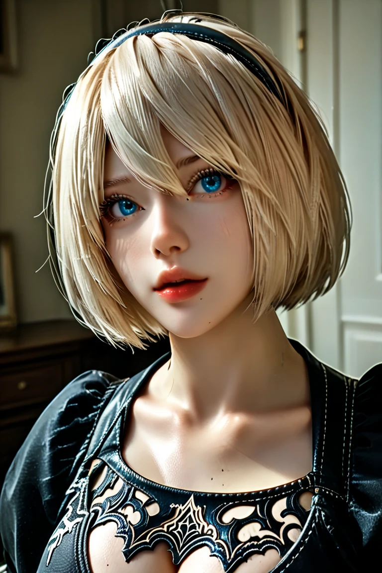 {( Masterpiece, Best Quality , 16k portrait ,  Ultra High Definition,  extremely detailed work ,  detailed and beautiful face and eyes and skin and hair)} 
BREAK {( ultra realistic photo graphic style :1.2)} 
BREAK {Alone,(2B from Nier-Automata:1.4), ( light brown to light white hair :1.4,  short hair ), (medium mouth),( Sharp narrow eyes ),( attractive glazed blue eyes :1.4),( Left eye hidden by bangs :1.2),( slim body:1.2),(neckline),( very large breasts:1.4),Captivating lips} 
BREAK {( Nier-Automata-2B costume :1.2),(neckline entre senos:1.2),(diadema)} 
BREAK {profile,Model Pose Recording:1.2}