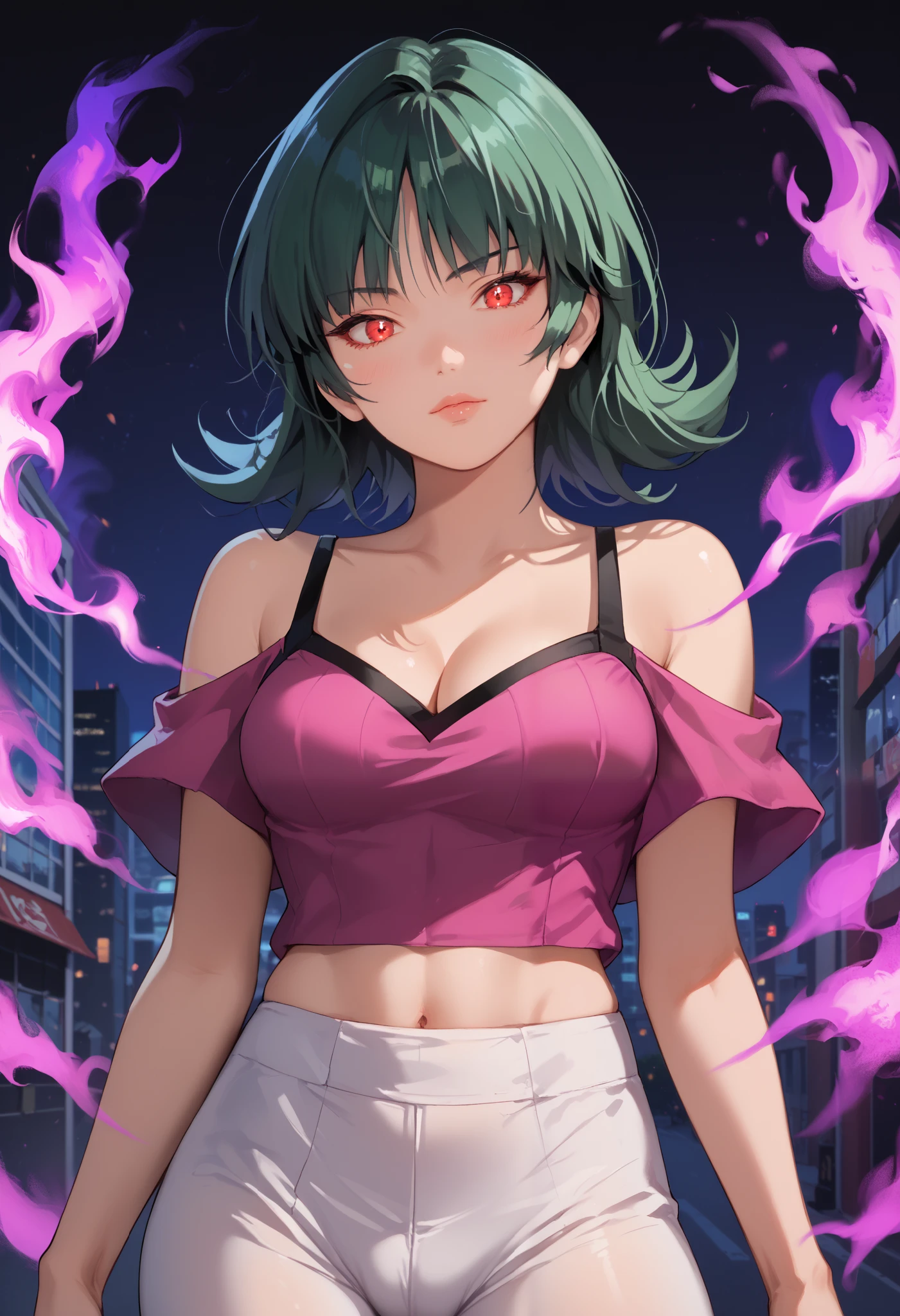 Score_9, score_8_up, score_7_up, score_6_up, source_anime, rating:general, 1girl, sabrina pokemon, sage green hair, messy outf lciked hair, bangs, stunning red eyes, pale skin, blush, perfect lips, sultry look, looking at viewer, pink crop top, erect nipples, tight white pants, cameltoe, exposed midriff, medium sized breasts, exposed shoulders, exposed arms, cleavage, solo, 8k quality, vivid colors, perfect shadowing, perfect lighting, cowboy shot, looking at viewer, head tilt, city background, SmokeyAura
Aura, Smoke. purple aura, blazing aura,