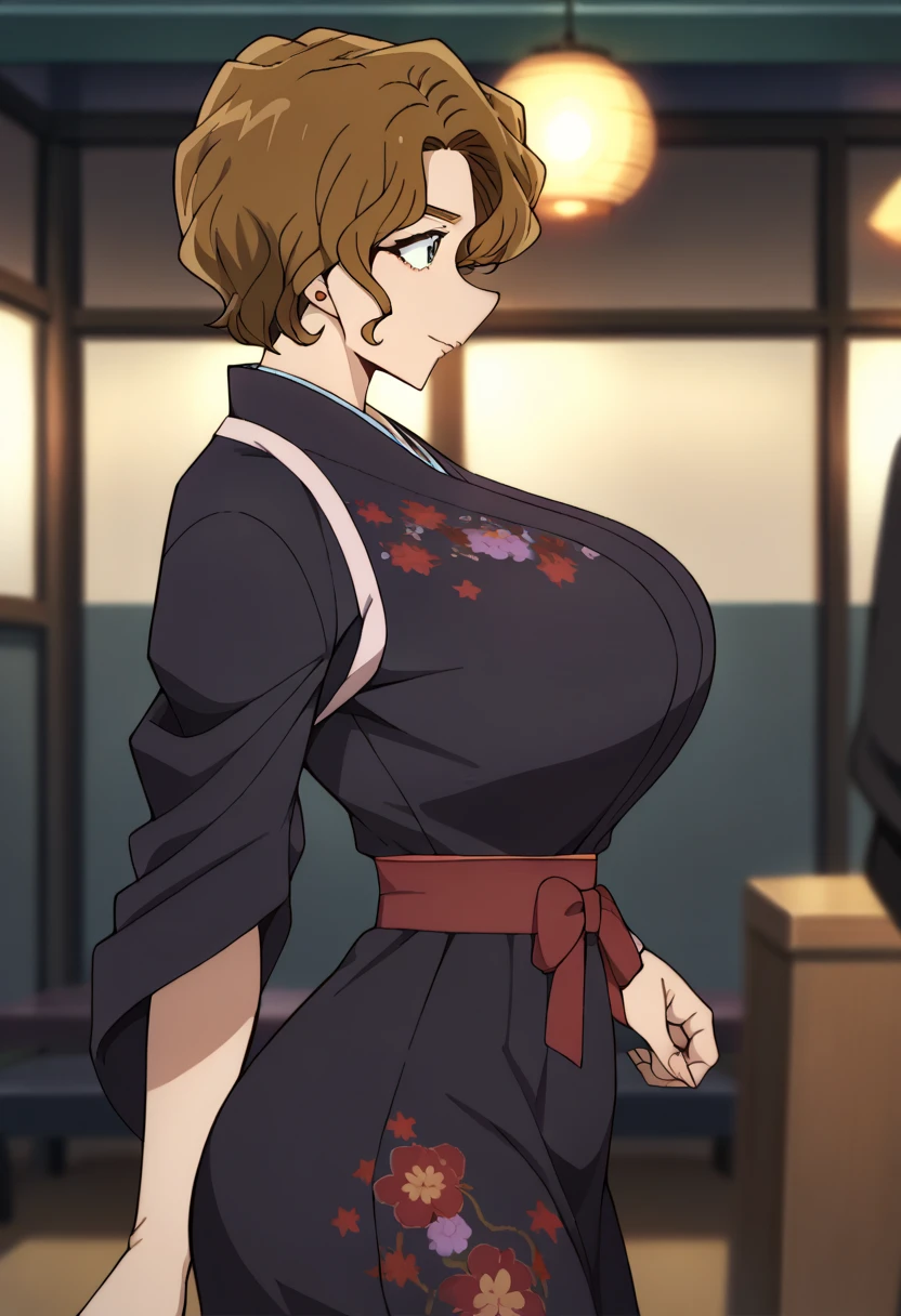 Hyper realistic,  big butt , Big hips,
Ooka Momiji, brown_hair,Wavy_hair,  short_hair,green_eye, gem,student_ earrings,  earrings, Black Kimono, tasuki,  Similarly _ skirt, floral_printing,
( Blurry Background, ),
 from the side:3, perfect face, perfect lighting,  , ,huge breasts, from the side:2、boob tent、side view、