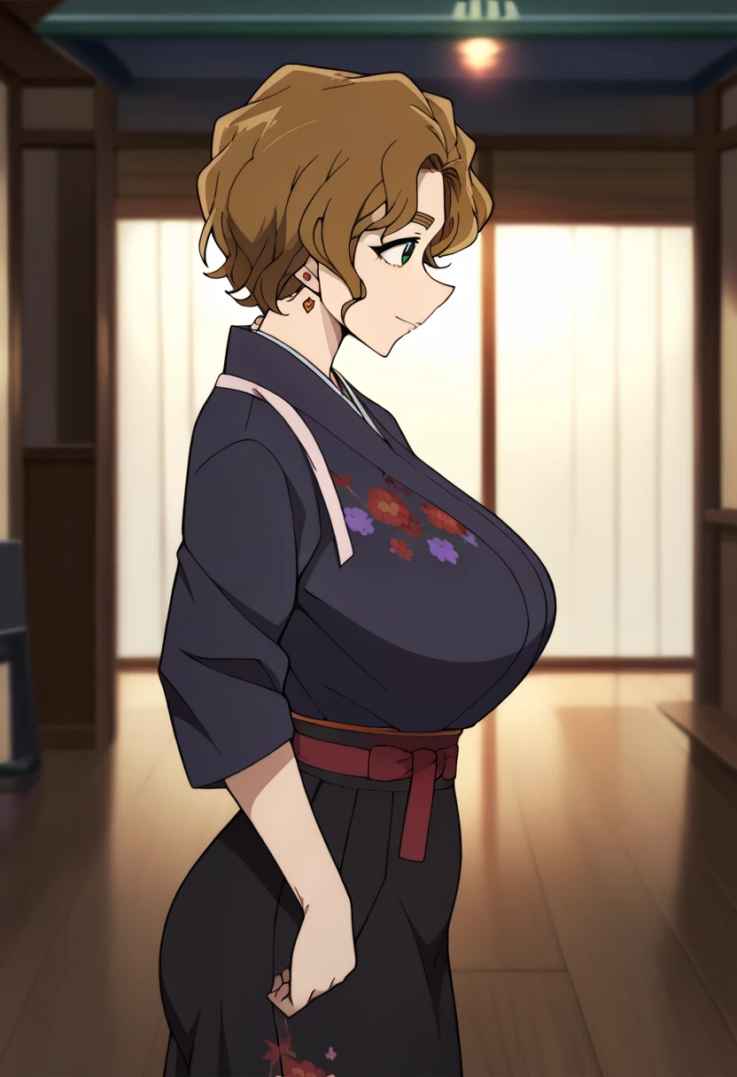 Hyper realistic,  big butt , Big hips,
Ooka Momiji, brown_hair,Wavy_hair,  short_hair,green_eye, gem,student_ earrings,  earrings, Black Kimono, tasuki,  Similarly _ skirt, floral_printing,
( Blurry Background, ),
 from the side:3, perfect face, perfect lighting,  , ,huge breasts, from the side:2、boob tent、side view、