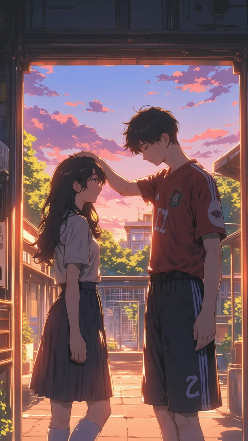 （masterpiece、  High Quality 、 high image quality、4K、8k、  Details、  anime style ）、  a heartwarming scene of a high school couple in the school hallway at dusk 。  a boy in a soccer uniform 、  gently stroking a girl's head with one hand 。  a girl in classic Japanese high school clothes 、  blushes and smiles shyly at him 。 background is a school building and ground 、 Soccer goal 、 The nostalgic and young 々Cool atmosphere。  。  with warm colors that focus on emotion 、 very detailsna anime style illustration 。 very detailsna anime style illustration 、 with soft and warm colors
