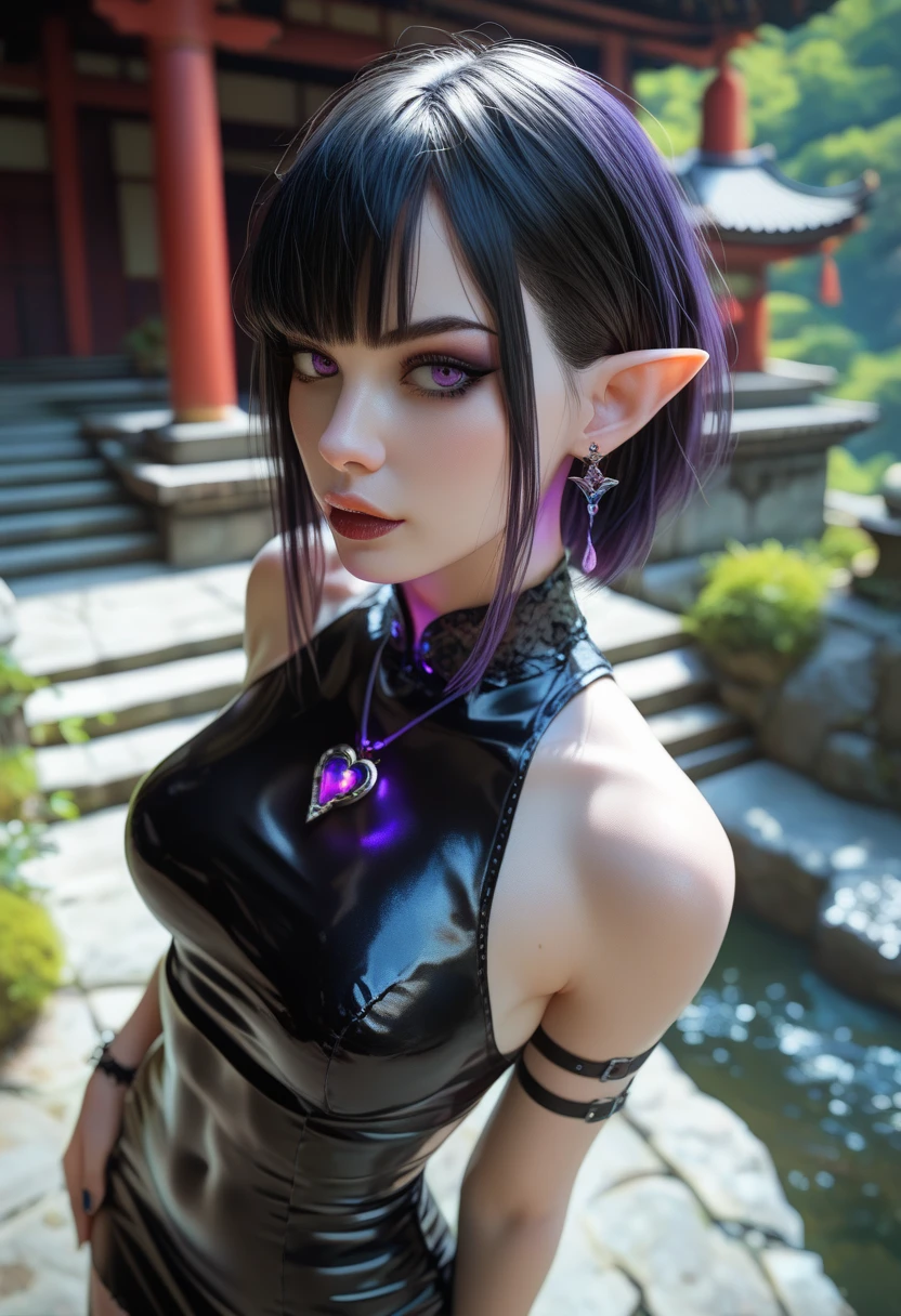 （raining day：1 bun lady，Purple hair combed into a bun, Kneeling pose）， tmasterpiece， best qualtiy， RAW photogr， realisticlying， the face， Incredibly Ridiculous res， Beautiful elf beauty， ear studs，Get wet all over， (Light purple ultra-short hair，hair-bun)， black formal，tiese，(black lence stockings)，Black stockings，(no shoe)，depth of fields， A high resolution， ultra - detailed， filigree， RAWE is very detailed， very detailed eyes and faces， Sharp pupils， realistic pupil， tack sharp focus， cinmatic lighting，full bodyesbian，Bigboobs，long leges，From the front side，Main street on a rainy day，dynamicposes