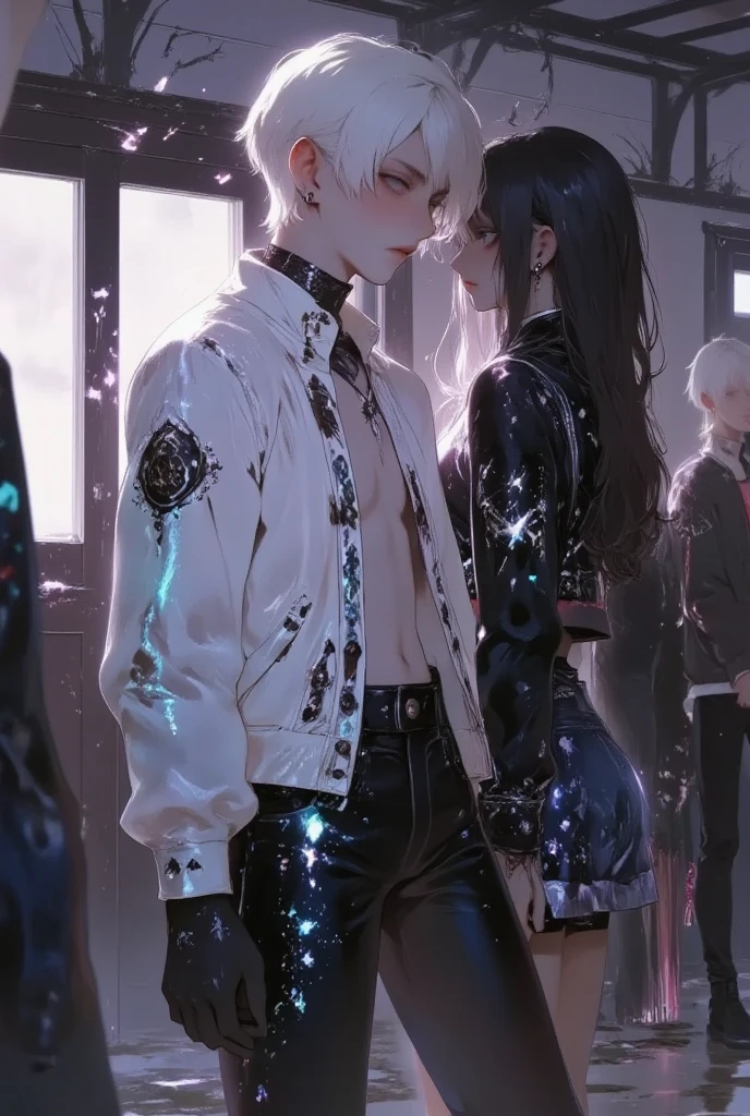 1boy and 1girl, he has white hair and  blush at front pose,he wear white jacket and black jeans, he look at a girl, the back silhouette of the girl with bokeh, black long hair girl of back pose,she wear brown dress, in school room, hand drawn illustration, 