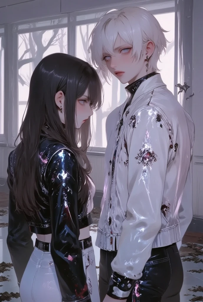 1boy and 1girl, he has white hair and  blush at front pose,he wear white jacket and black jeans, he look at a girl, the back silhouette of the girl with bokeh, black long hair girl of back pose,she wear brown dress, in school room, hand drawn illustration, 