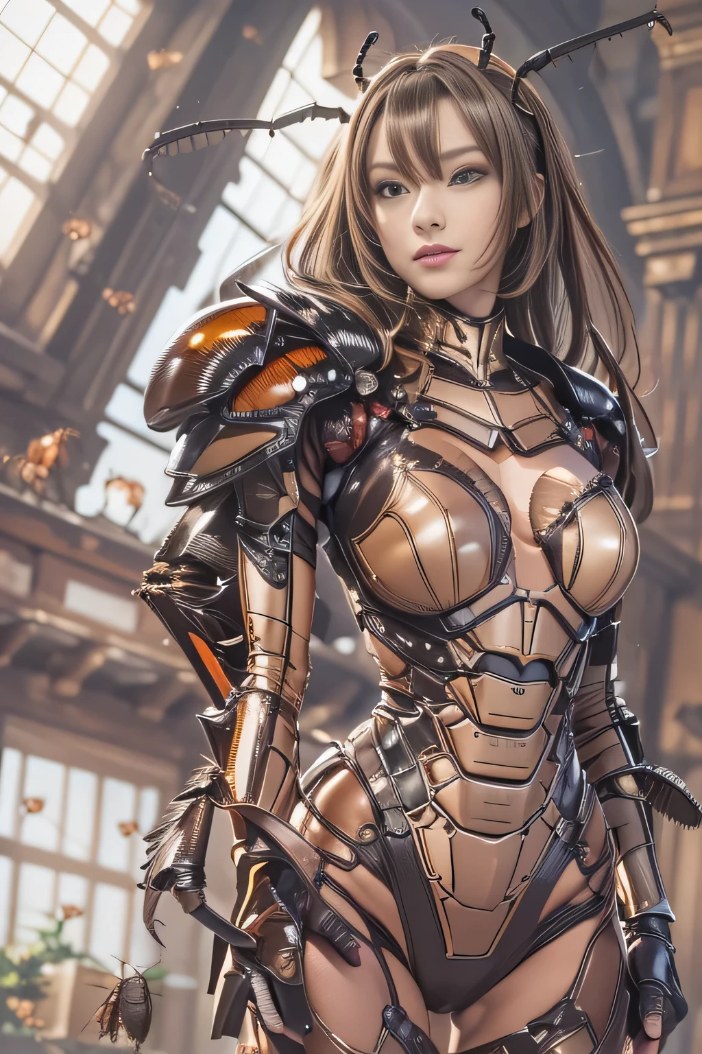 (high resolution,masterpiece,best quality,extremely detailed CG, anime, official art:1.4), realistic, photo, amazing fine details, all intricate, gloss and shiny,awesome many layers, 8k wall paper, 3d, sketch, kawaii, illustration,( solo:1.4), perfect female proportion,villainess, (fusion of dark brown cockroach and lady:1.4), (brown cockroach form lady:1.2), (brown cockroach lady:1.2), (fusion:1.2), (solo:1.4), (evil smile:1.2), muscular, abs, (cockroach brown exoskeleton bio insect suit:1.4), (cockroach brown exoskeleton bio insect armor:1.2), (brown transparency cockroach wing:1.4), (brown cockroach antennae:1.3),