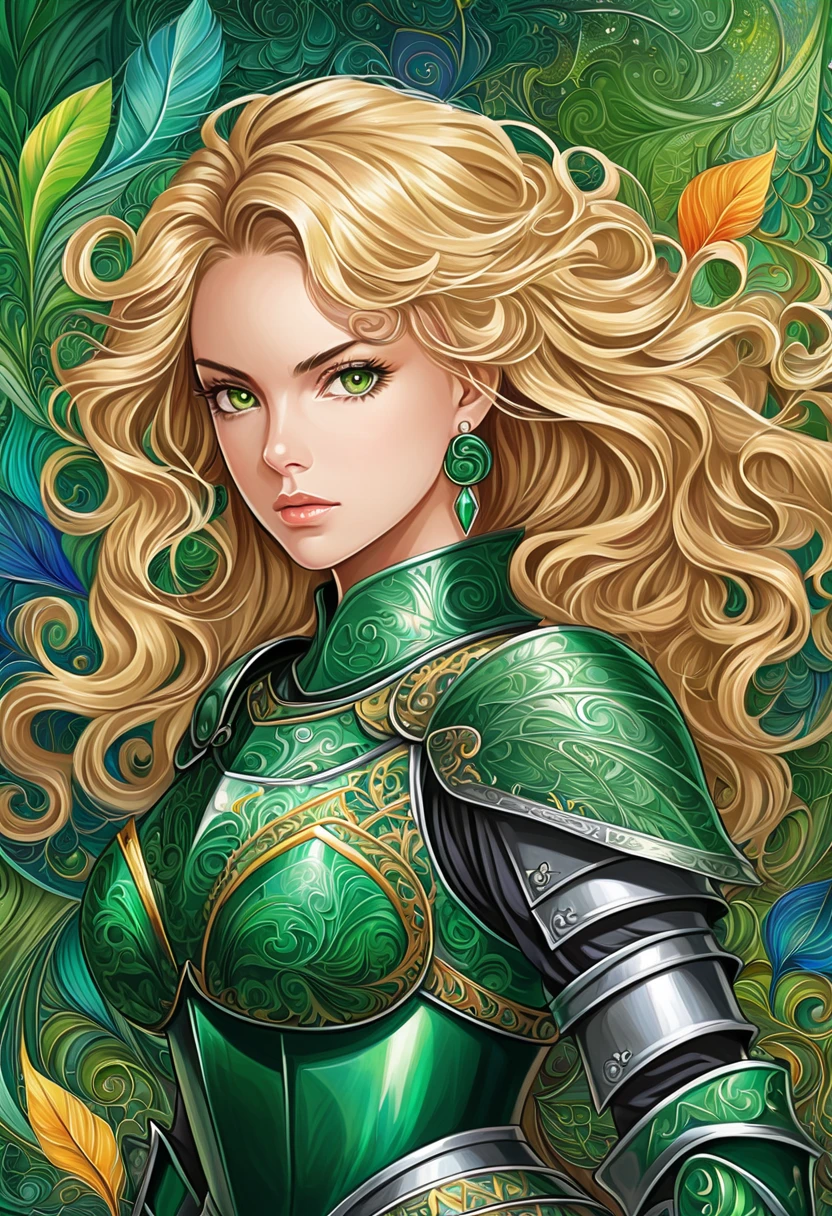 ((Woman, knight, blonde, curly hair, armor made of emerald green, serious face))), highly detailed, (abstract background, zentangle, fractal art: 1.3), (many colors, colorful: 1.1), (feathers, petals, flowers: 1.3), gorgeous, dynamic pose, earrings