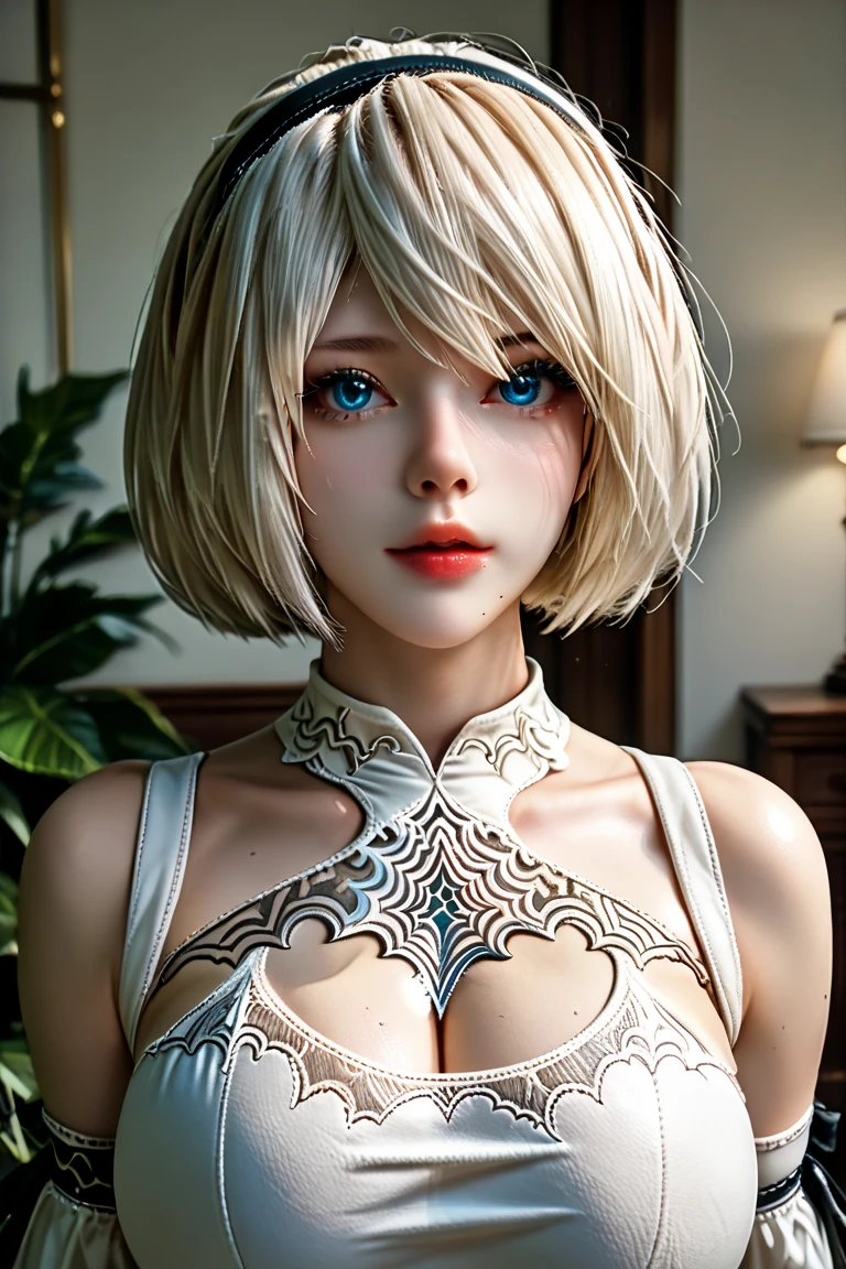 {( Masterpiece, Best Quality , 16k portrait ,  Ultra High Definition,  extremely detailed work ,  detailed and beautiful face and eyes and skin and hair)} 
BREAK {( ultra realistic photo graphic style :1.2)} 
BREAK {Alone,(2B from Nier-Automata:1.4), ( light brown to light white hair :1.4,  short hair ), (medium mouth),( Sharp narrow eyes ),( attractive glazed blue eyes :1.4),( Left eye hidden by bangs :1.2),( slim body:1.2),(neckline),( very large breasts:1.4),Captivating lips} 
BREAK {( Nier-Automata-2B costume :1.2),(neckline entre senos:1.2),(diadema)} 
BREAK {profile,Model Pose Recording:1.2}