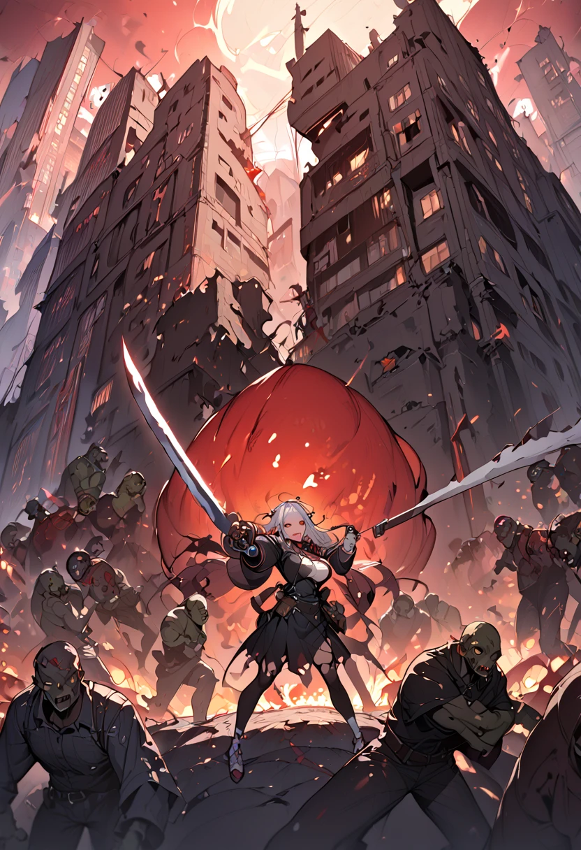  (best quality),(very aesthetic),(ultra-detailed),(best illustration),( highres icon), (beautiful),(masterpiece),(extremely detailed face), A high school girl fighting against a group of zombies in ruins,1girl,Alone,red eyes,silver hair,long hair, hairs between eyes.big breast,big thighs,shout,school uniform,miniskirt,black thigh-high socks, ankle boots,(torn clothes:1.5, torn clothes),Holding a katana-sword in hand,mid night, big red moon floating in the night sky, Anatomically Correct , zombies attacking the girl,Multiple Zombies,Abandoned City, Burning City ,sparks are scattered ,A battle taking place in a ruined city, with skyscrapers collapsing,Mountain of s,white front-tie bra,white thron,