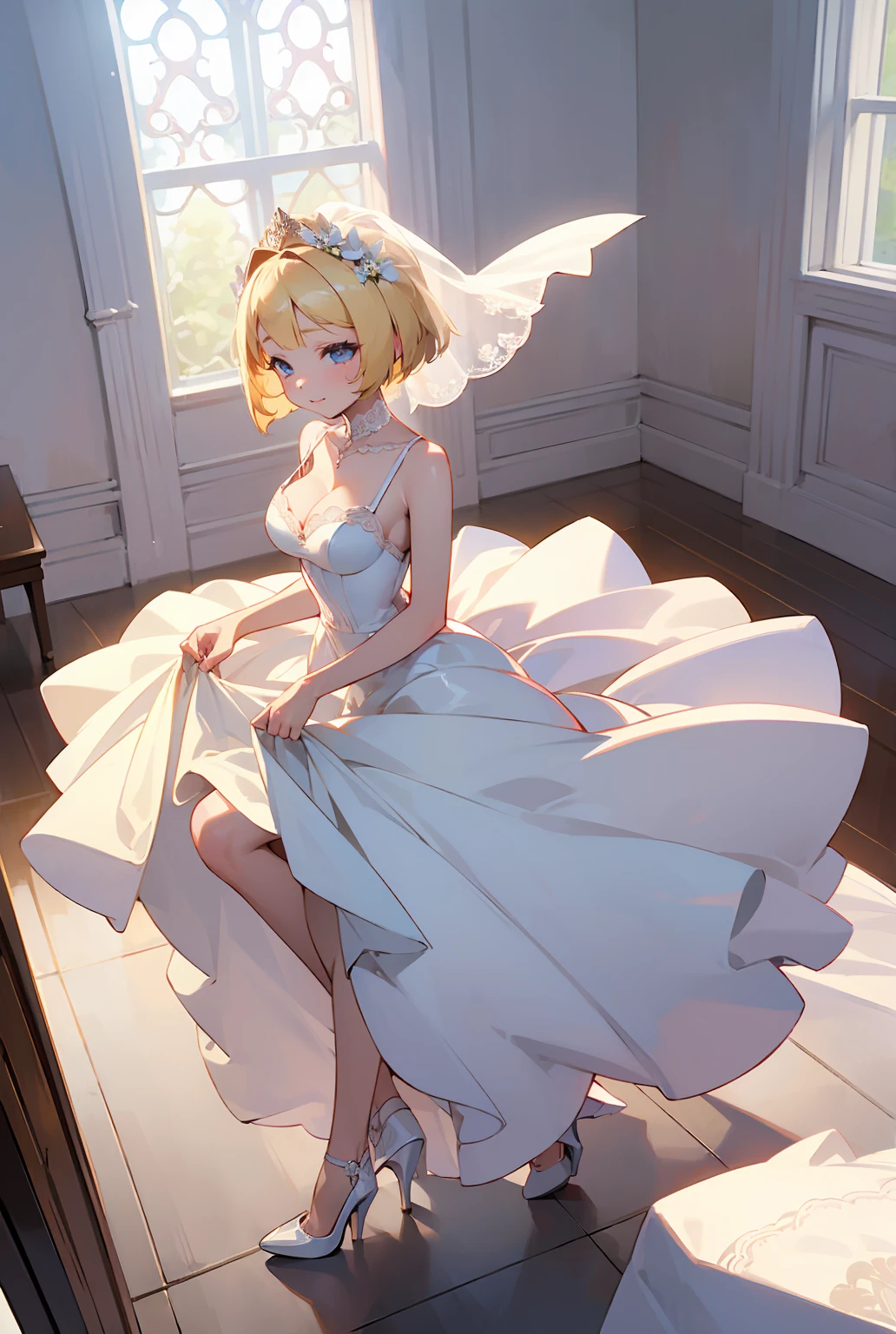 (((White Wedding Dress))), ((Revealing clothing)),((In a naughty way)),Cute little loli,Tiny Lori,Small girl,,Childish face, Very fine clean face,Top quality, Big eyes,Straight Hair,Yellow hair,Crimson Eye,(Dark Room), Subtle light, Natural light,Soft lighting,Light from directly behind, (Are standing), Cute pose, (Open your hands), Showing the whole body,Front view,Black background