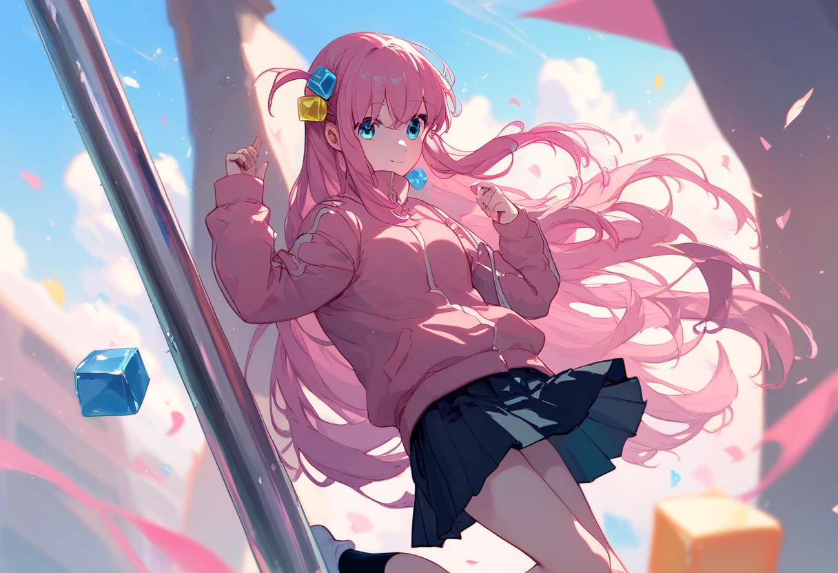 bocchidef, blue eyes, pink hair, long hair, cube hair ornament, pink jacket, track jacket, long sleeves, pleated skirt, grey skirt, miniskirt, black socks, pole dance