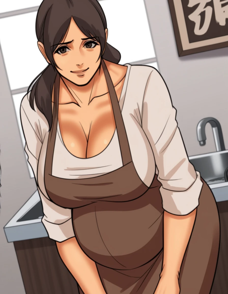 score_9, score_8_up, score_7_up, source_anime,
sacrificialmother, mother, long hair, large breasts, brown hair, black hair, ponytail, huge breasts, mature female,
cleavage, apron, shirt, collarbone, rolled up sleeves, skirt,
indoors, bent over, smile,
looking at viewer, dutch angle, cowboy shot, solo,pregnant