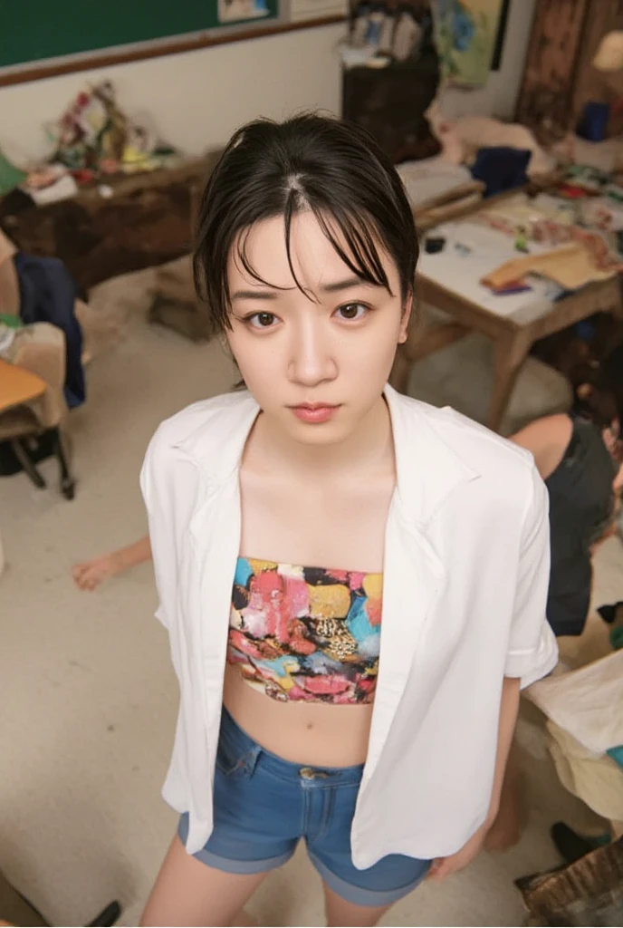 nsfw, brown eyes, white shirt, leavage, Open front, nipples, Navel, short hair, classroom, from above, looking at viewer, editing
