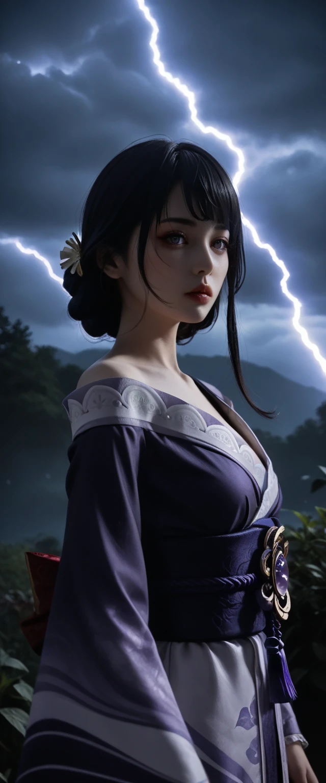 1girl, Raiden Shogun Ei from genshin impact, extremely detailed goddess of death, highly detailed kimono, extremely detailed and revealing gothic off-shoulder kimono, dark and stormy night, lightning blazing in the skies, extremely detailed and realistic skin, extremely detailed medium perky breasts, dramatic cinematic lighting, intricate details, dramatic atmosphere,dark purple hair, dark moody lighting, lush garden background, dramatic colors, photorealistic, 8k, best quality, masterpiece, deep low-cut neckline showing décolletage, life-like and Photorealistic taken from a Leica m9 50mm 1.2 pouting kissable lips 