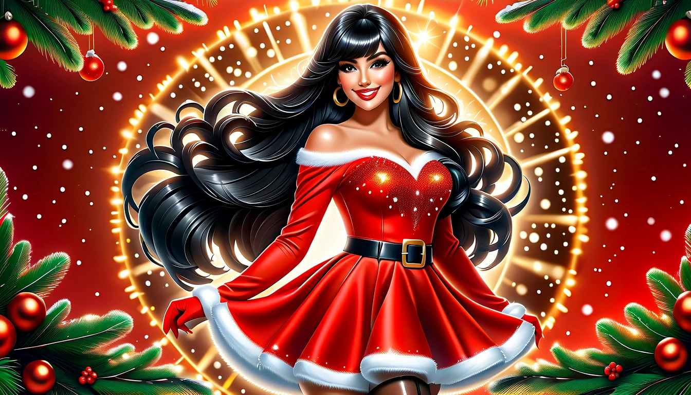 Best quality, acrylic illustration in realistic style, a brazilian beautiful woman with black straight long hair and bangs, make up, lashes, smiling, she is wearing santa claus red mini dress, belt, red leather gloves, shine BROWN pantyhose, over-the-knees black boots, your hands is on waist, in christmas decorated florest background