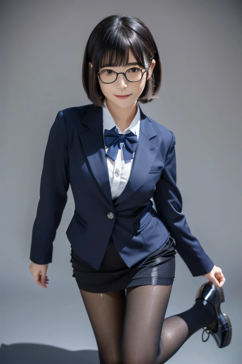 (( Hides below the knee with a navy blue tight skirt))、((Can you see through bras with a white blouse))、((navy blue plain large bow tie))、((( black pantyhose that hold the right side of the chest)))、(( Black Loafers ))、(( Full body photo of a standing figure showing up to the feet ))、Cute high school girls、Height: 160cm、 smile like an idol 、 smiling and smiling、 professional lighting、((Plain background))、(( Max image )),((Beautiful double eyelids ))、（ long lashes）、(( The blazer and skirt are the same navy blue and the material are the same ))、((Dark brown, glossy hair ))、((Model Face Change ))、(( Ribbon Design Change))、((No handkerchief))、((silver cherry pin badge on collar))、 very short hair、((silver cherry pin badge on collar))、胸がg-cup、 Angle Looking Up From the Ground 、Glasses、((光沢のある black pantyhose that hold the right side of the chest))、g-cup、 flip the skirt、 panties