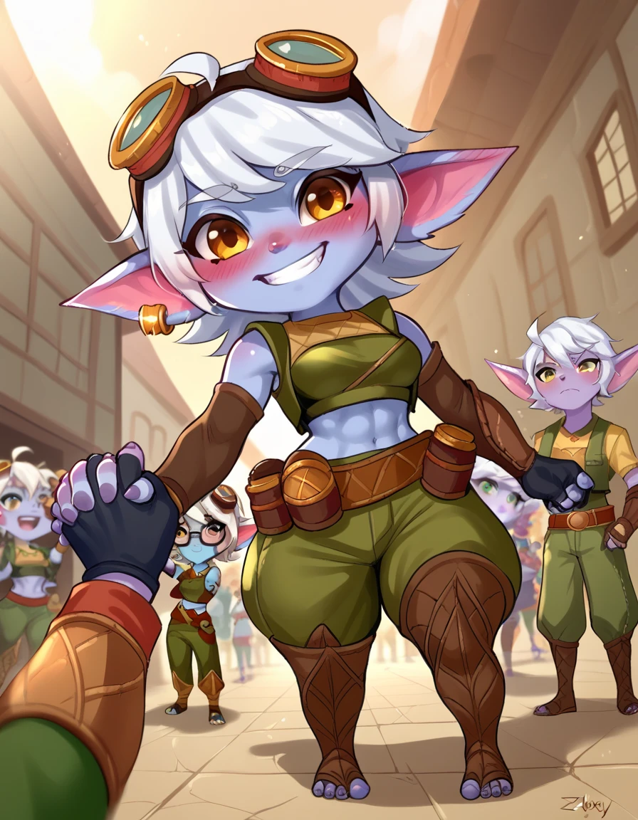 TristanaLolXLv2, purple skin,  colored skin, shortstack, yordles, Chibi,  yellow eyes ,  white hair,  short hair,  a single earring ,  glasses on the head ,  Pointy ears ,  medium breasts, green abdomen , Sleeves on the arms,  black gloves,  fingerless gloves,  elbow length gloves,  green pants , brown belt, brown stockings, fingerless stockings, Angle elevation, blushing, abriendo la boca,  spectator's hand holding hand , Crowd people tall humans