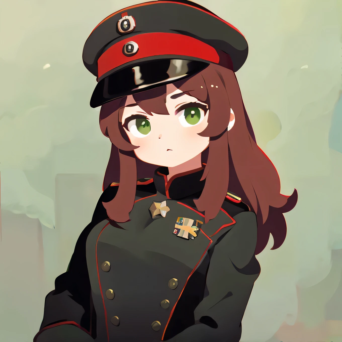 1girl, red hair, long hair, green eyes, (black outfit), black general military uniform, german military uniform